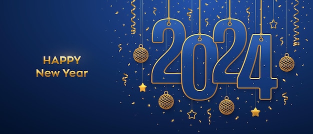 Feliz año nuevo 2024 colgando de cuerdas doradas números 2024 con brillantes estrellas metálicas 3D bolas y confeti sobre fondo azul Tarjeta de felicitación de año nuevo plantilla de banner Ilustración vectorial realista