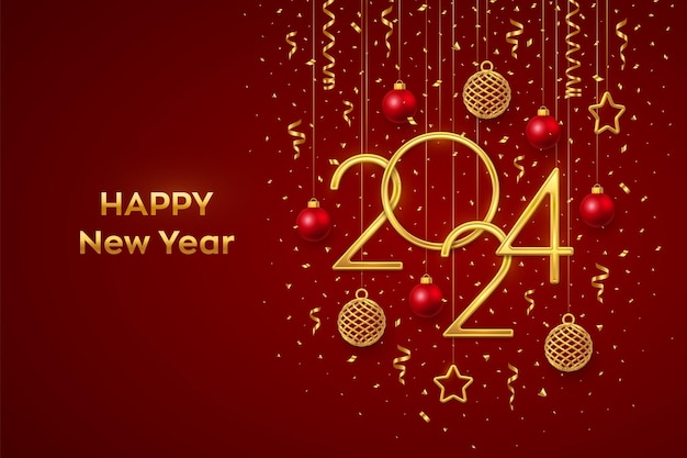 Feliz Año Nuevo 2024 Colgando Números metálicos dorados 2024 con brillantes estrellas metálicas 3D bolas y confeti sobre fondo rojo Plantilla de banner de tarjeta de felicitación de Año Nuevo Ilustración vectorial realista