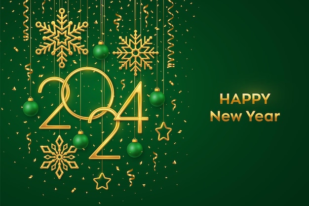 Feliz año nuevo 2024 colgando números metálicos dorados 2024 con copos de nieve brillantes bolas de estrellas metálicas 3D y confeti sobre fondo verde Tarjeta de felicitación de año nuevo o plantilla de banner Vector