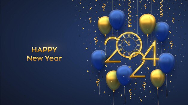 Feliz año nuevo 2024 colgando números metálicos dorados reloj 2024 con números romanos y cuenta regresiva medianoche con globos de helio festivos 3D y confeti cayendo sobre fondo azul ilustración vectorial