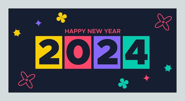 Vector feliz año nuevo 2024 con colorido diseño minimalista de moda feliz año nuevo 2024 plantilla cuadrada diseños de fondo de saludo año nuevo y contenido promocional de redes sociales ilustración vectorial