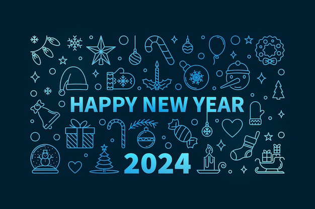 Feliz año nuevo 2024 concepto vector delgada línea horizontal azul tarjeta de felicitación moderna con fondo oscuro