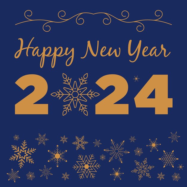 Feliz año nuevo 2024 con copos de nieve de fondo azul oscuro