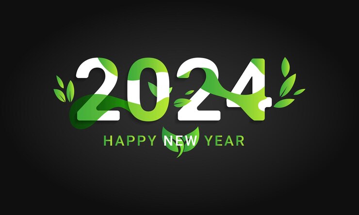 Feliz año nuevo 2024 dígitos hermoso diseño decorativo de hoja verde natural