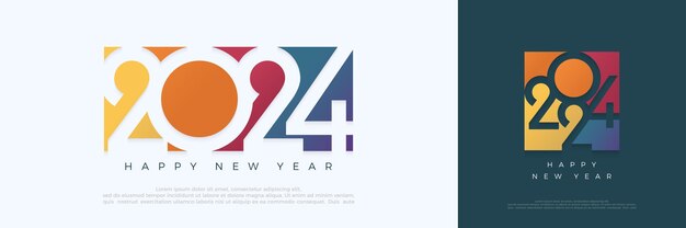 Feliz año nuevo 2024, diseño con coloridas ilustraciones de números truncados, diseño de vectores premium para carteles, pancartas, saludos y celebración del año nuevo 2024