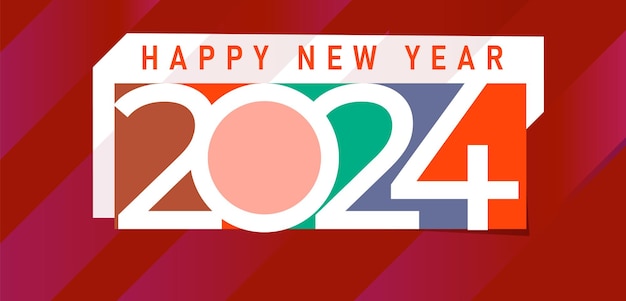 Feliz año nuevo 2024 diseño con colorido número truncado tarjeta de invitación a la fiesta de fin de año sorpresa