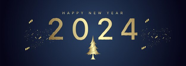 Feliz año nuevo 2024 diseño de concepto de letrero y banner con cintas doradas en azul degradado oscuro