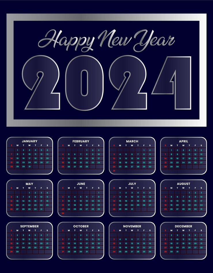 Feliz año nuevo 2024 Diseño de plantilla de calendario de pared en inglés Vector color ónix Estilo de morfismo de vidrio