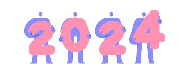 Feliz año nuevo 2024 diseño de texto Gente moderna y plana de moda con texto 2024 Estilo cómico de dibujos animados