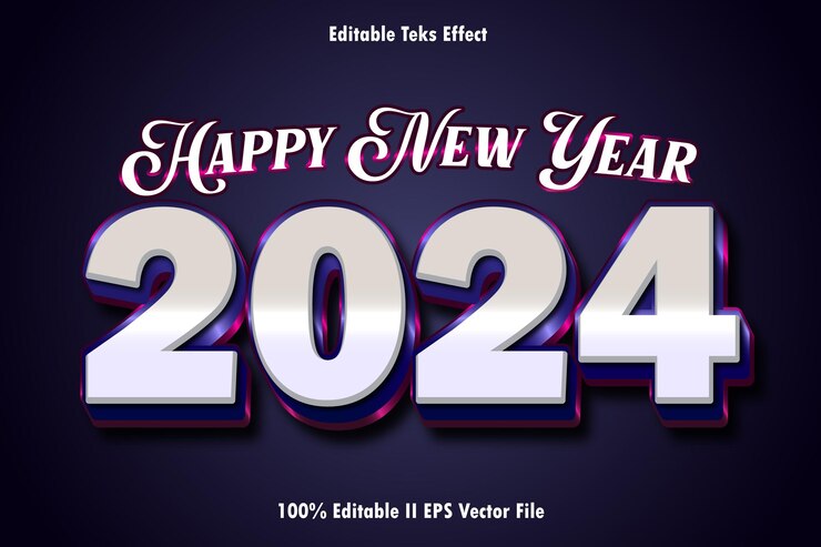 Vector feliz año nuevo 2024 efecto de texto editable estilo degradado de relieve 3d
