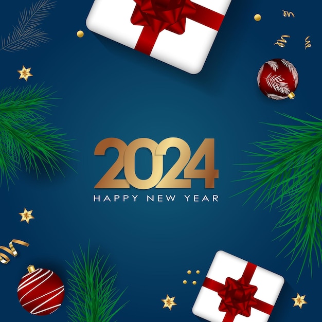 Vector feliz año nuevo 2024 elegante texto dorado con globos y confeti ilustración vectorial realista