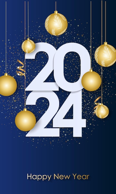 Feliz año nuevo 2024 Elegante texto dorado con globos y confeti Ilustración vectorial realista