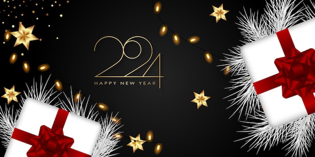 Feliz año nuevo 2024 elegante texto dorado con globos y confeti ilustración vectorial realista