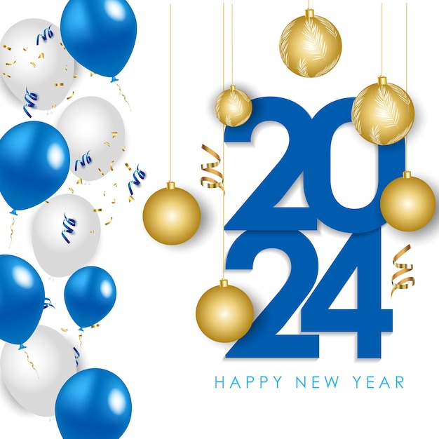 Feliz año nuevo 2024 Elegante texto dorado con globos y confeti realista