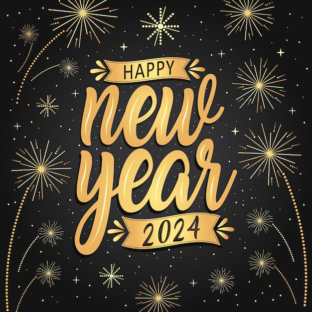 Feliz año nuevo 2024 con felicitación festiva Concepto de saludo para la celebración del año nuevo 2024