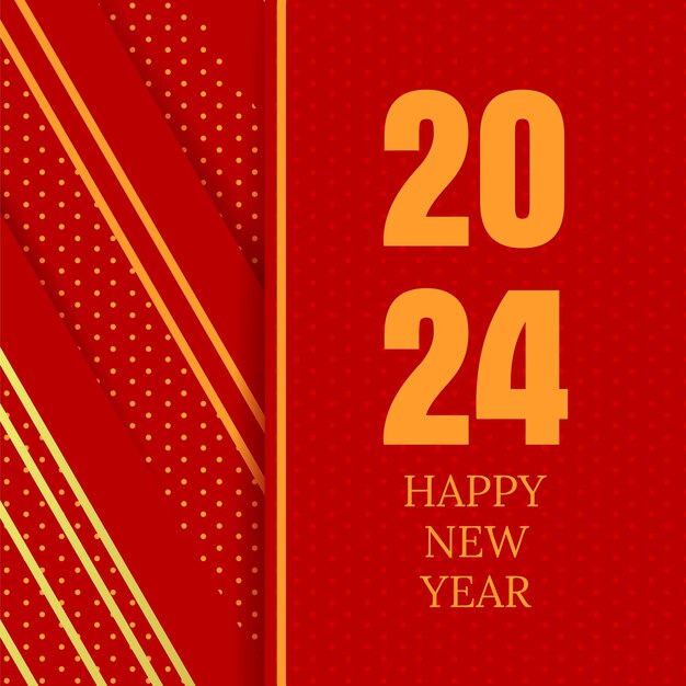 Feliz año nuevo 2024 felicitación en las redes sociales con fondo de oro de lujo rojo