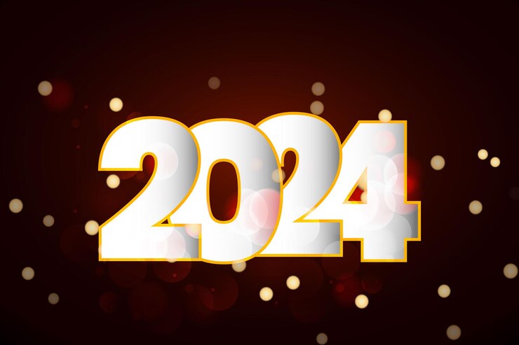 Vector feliz año nuevo 2024 con fondo de bokeh oscuro