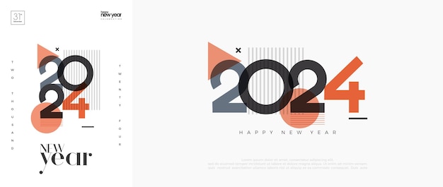 Feliz año nuevo 2024 fondo de cartel de portada Con números coloridos y con una apariencia única y moderna Diseño vectorial premium para la celebración del año nuevo