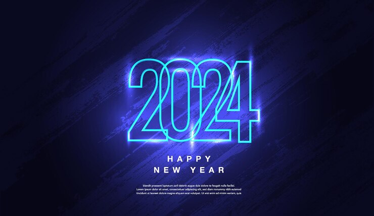 Feliz año nuevo 2024 Fondo de textura de luz de neón azul brillante