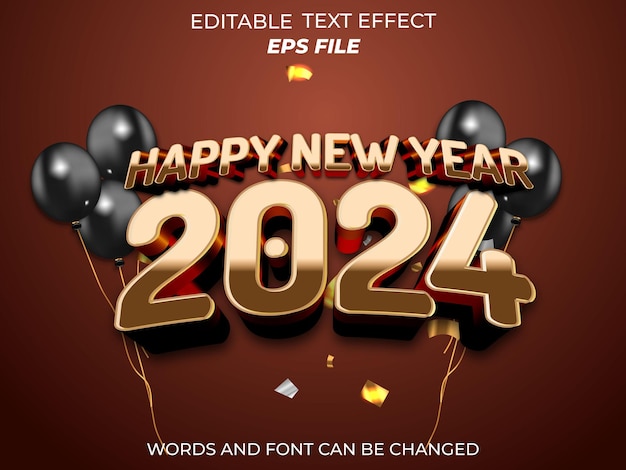feliz año nuevo 2024 fuente de efecto de texto tipografía editable plantilla vectorial de texto 3D
