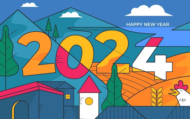 Feliz año nuevo 2024 ilustración vectorial de lanscape