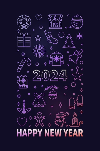 Feliz año nuevo 2024 línea delgada de color o pancarta vertical o ilustración vectorial