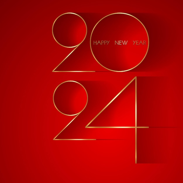Feliz año nuevo 2024 lujo números delgados dorados y diseño brillante sobre fondo rojo Feliz día festivo