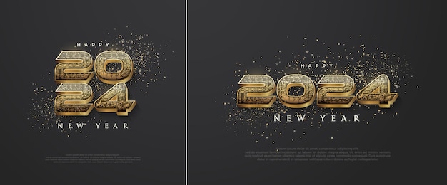 Feliz año nuevo 2024 luxury rust gold en fondo negro diseño vectorial premium para carteles, pancartas, calendario y saludos