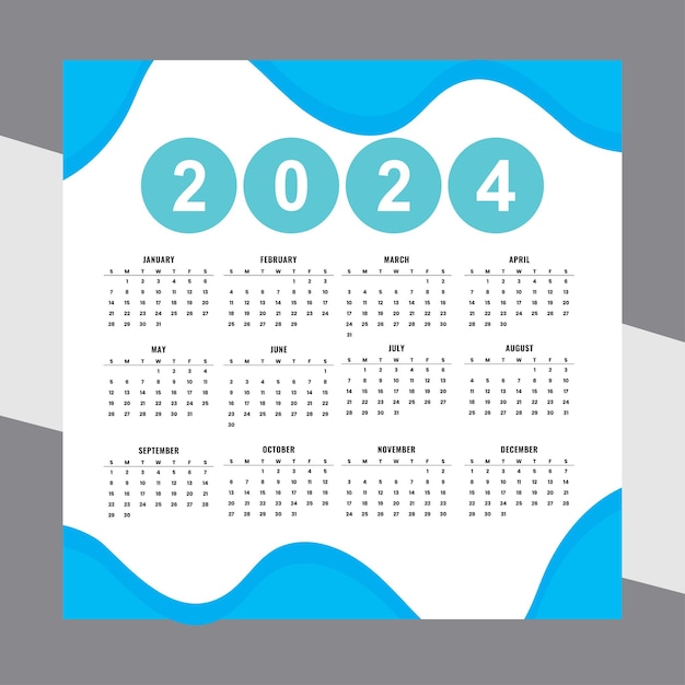 Feliz año nuevo 2024 modelo de diseño de calendario inglés vector