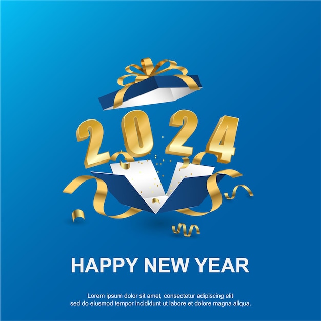 Feliz año nuevo 2024 número en la caja de regalo abierta en fondo cuadrado azul