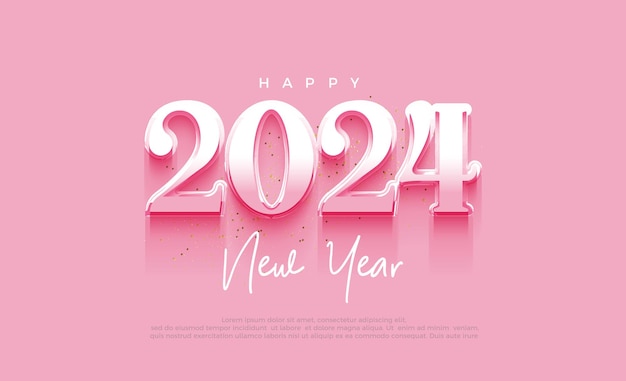 Feliz año nuevo 2024 número clásico con color metálico sobre fondo rosa diseño de vector premium para cartel de banner publicación social y saludo de feliz año nuevo