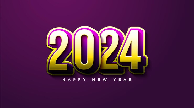 feliz año nuevo 2024 con número dorado sobre fondo morado