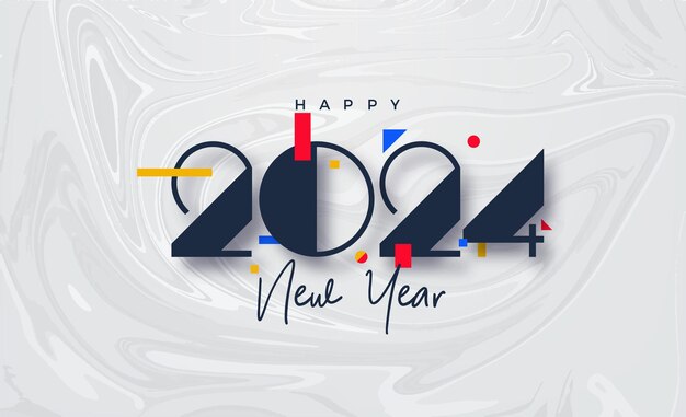 Vector feliz año nuevo 2024 número de saludo y celebración de feliz año nuevo con números únicos y objetos coloridos diseño vectorial premium para el calendario 2024