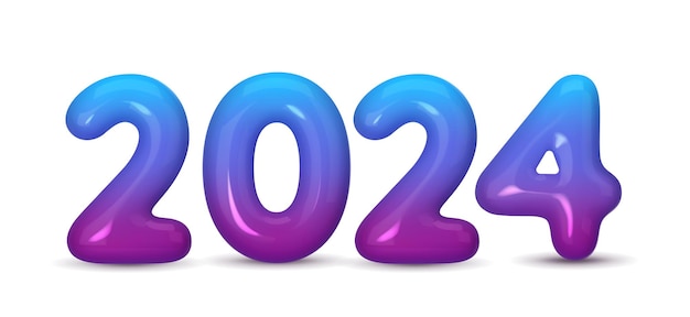 Feliz año nuevo 2024 Número violeta hecho de plástico en forma de globos Renderización 3D vectorial realista