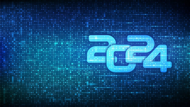 Feliz año nuevo 2024 Números 2024 hechos con código binario Fondo de código de transmisión digital