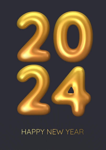 Feliz año nuevo 2024 Números 3D dorados realistas en fondo negro Decoración navideña Vector