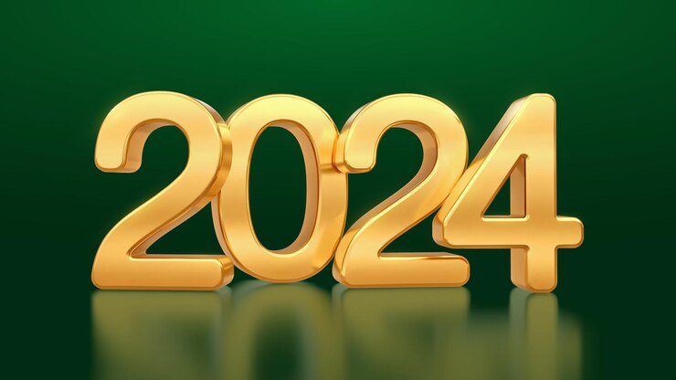 Vector feliz año nuevo 2024 números 3d metálicos dorados 2024 en fondo verde
