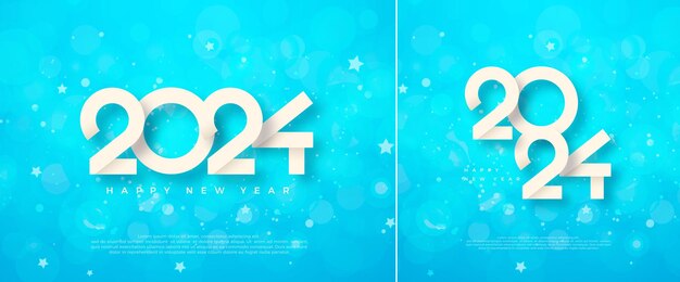 Feliz año nuevo 2024 Con números blancos únicos en un fondo borroso de bokeh Diseño vectorial premium para saludar y celebrar el feliz año nuevo 2024