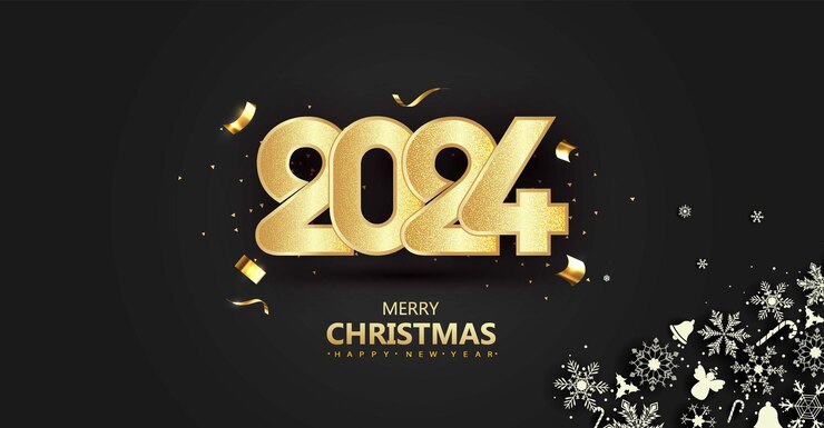 Feliz año nuevo 2024 Con números brillantes con sombras negras oscuras Diseño vectorial premium para banners