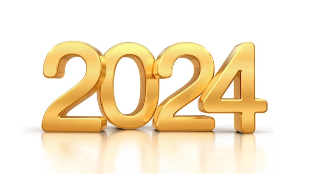 Feliz año nuevo 2024 Números dorados 3D 2024 aislados sobre fondo blanco Números dorados de lujo metálicos festivos realistas Feliz Navidad y feliz año nuevo tarjeta de felicitación Ilustración vectorial
