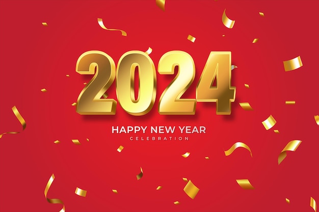 Feliz año nuevo 2024 Números dorados en 3D con confeti dorado y estilo blanco sobre fondo elegante