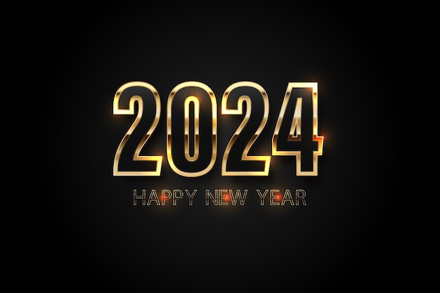 Feliz año nuevo 2024 Números dorados en 3D sobre fondo oscuro