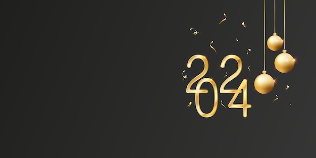 Feliz Año Nuevo 2024 Números dorados y decoración navideña sobre fondo negro