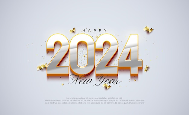 Feliz año nuevo 2024 con números metálicos plateados sobre fondo naranja Diseño de vector premium para cartel de banner publicación social y saludo de feliz año nuevo