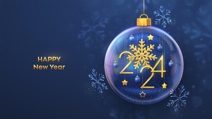 Vector feliz año nuevo 2024 números de oro 2024 copo de nieve en una bola de vidrio transparente sobre fondo azul