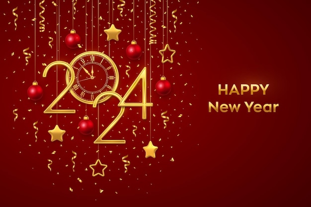 Feliz año nuevo 2024 Números de oro 2024 reloj con cuenta atrás estrellas de medianoche bolas en fondo rojo