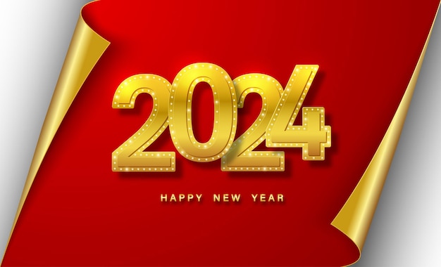 Feliz año nuevo 2024 Números de oro en fondo rojo en estilo de papel