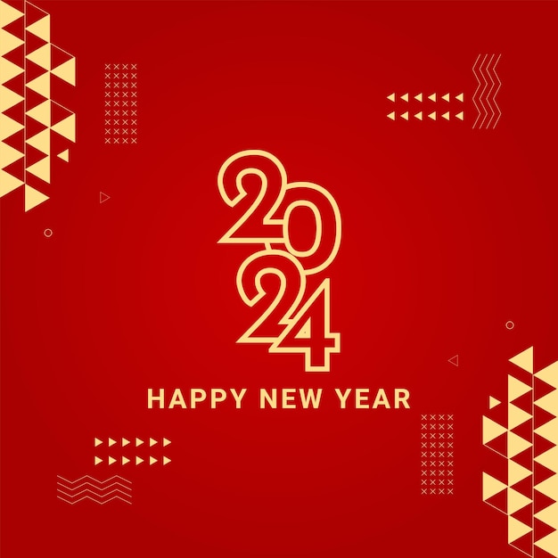 Feliz año nuevo 2024 pancarta en un fondo rojo abstracto geométrico moderno