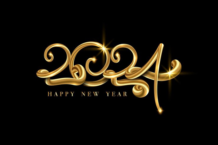 Vector feliz año nuevo 2024 pancarta texto de lujo dorado 2023 feliz vacaciones diseño de números festivos de oro
