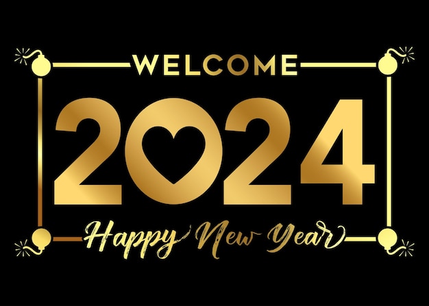 Feliz año nuevo 2024 con plantilla de diseño en color dorado 3d celebración del año nuevo 2024